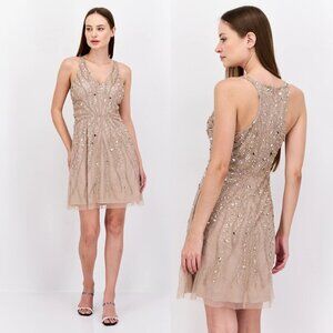 New! Aidan Mattox Taupe Sequin Halter V-neck Mini Dress Size 2 - 26760